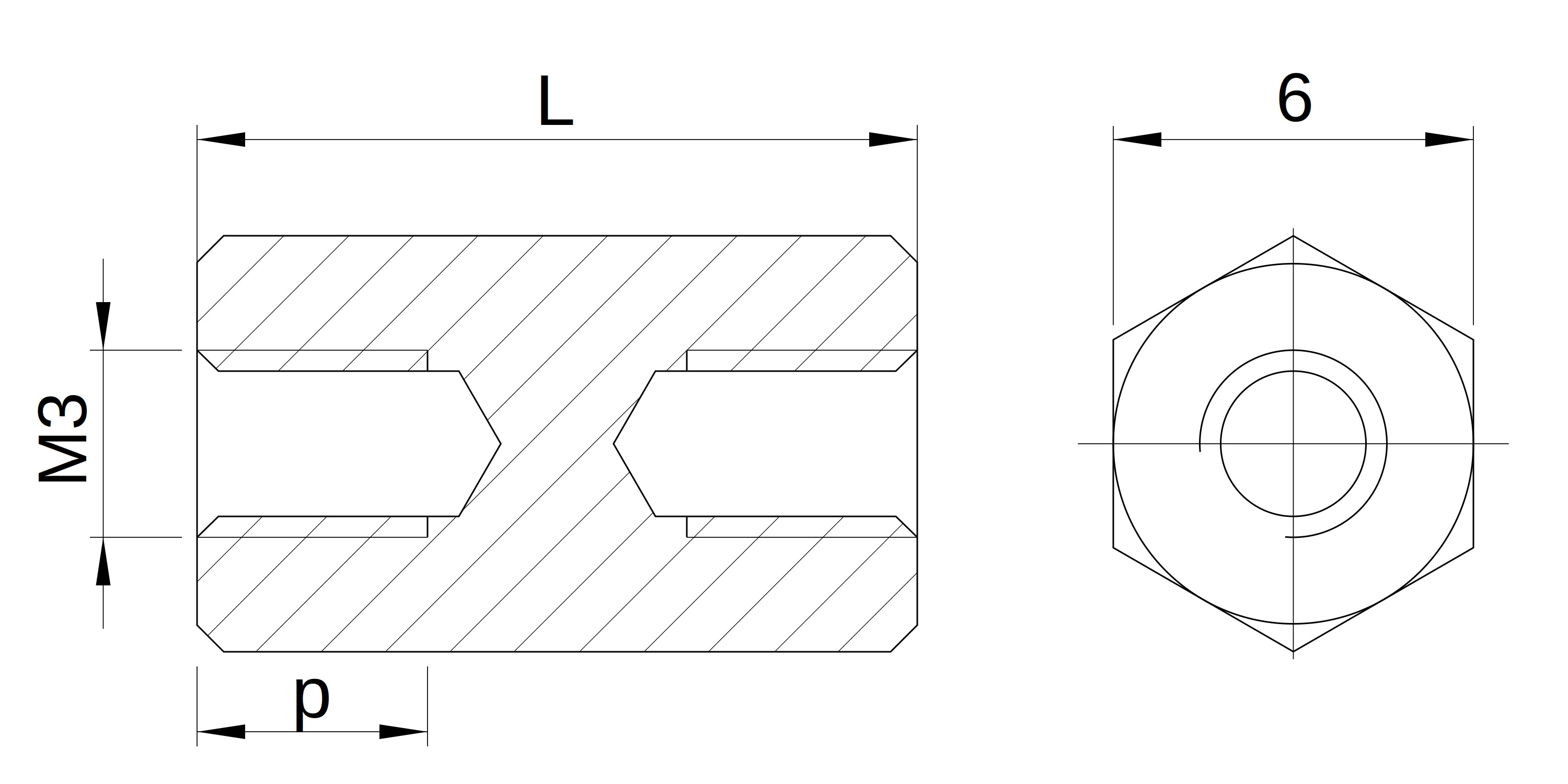 Plano acotado Separador hexagonal roscado hembra/hembra plástico poliamida reforzada M3 - 6 mm entrecaras