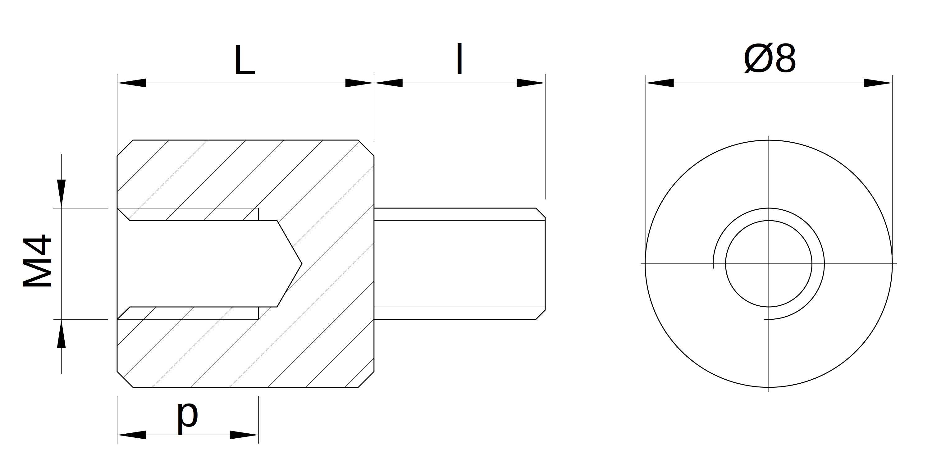 Plano acotado Separador redonda roscado macho/hembra plástico poliamida PA6.6 M4 - Ø8 mm