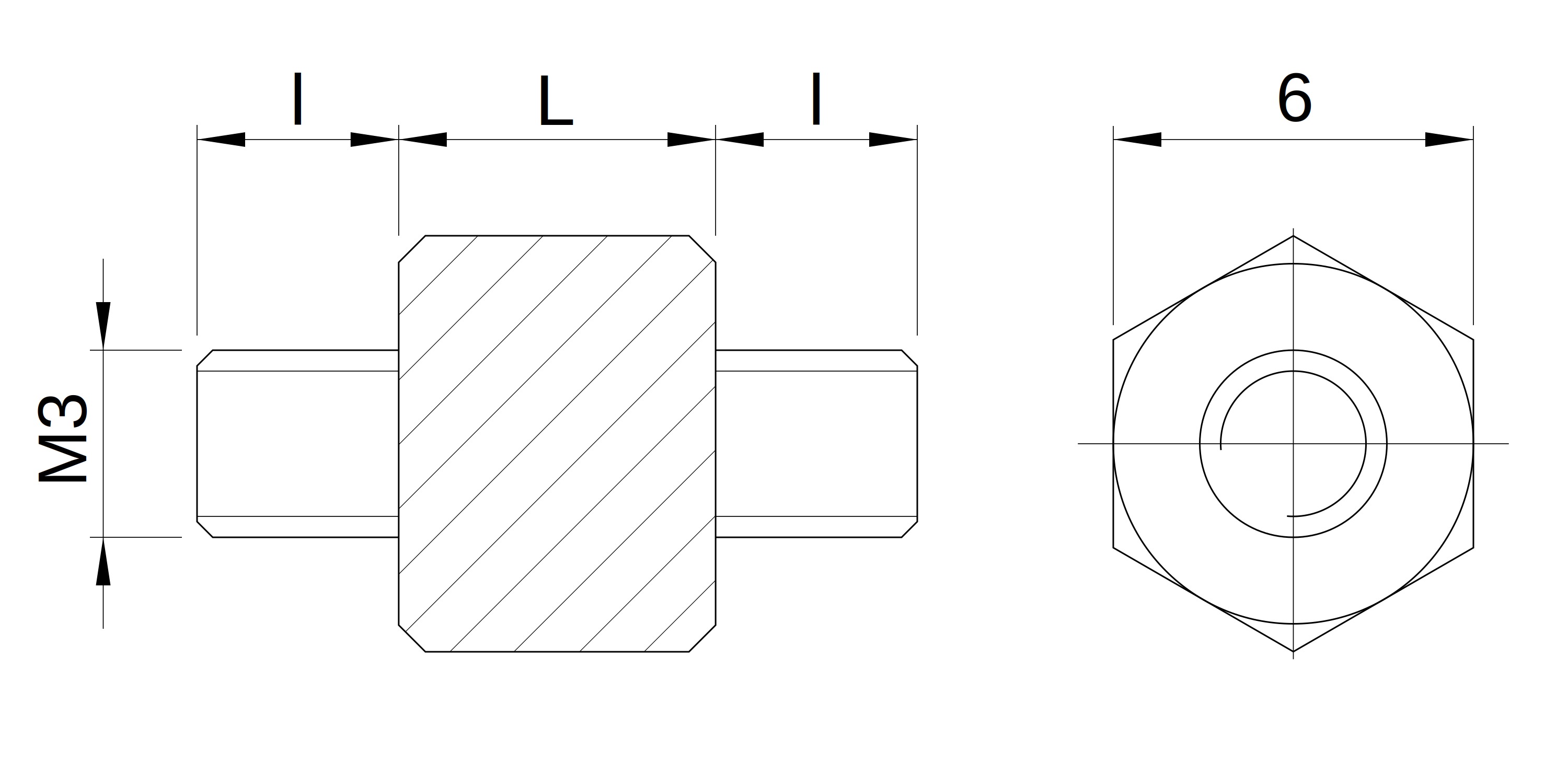 Plano acotado Separador hexagonal roscado macho/macho plástico poliamida PA6.6 M3 - 6 mm entrecaras