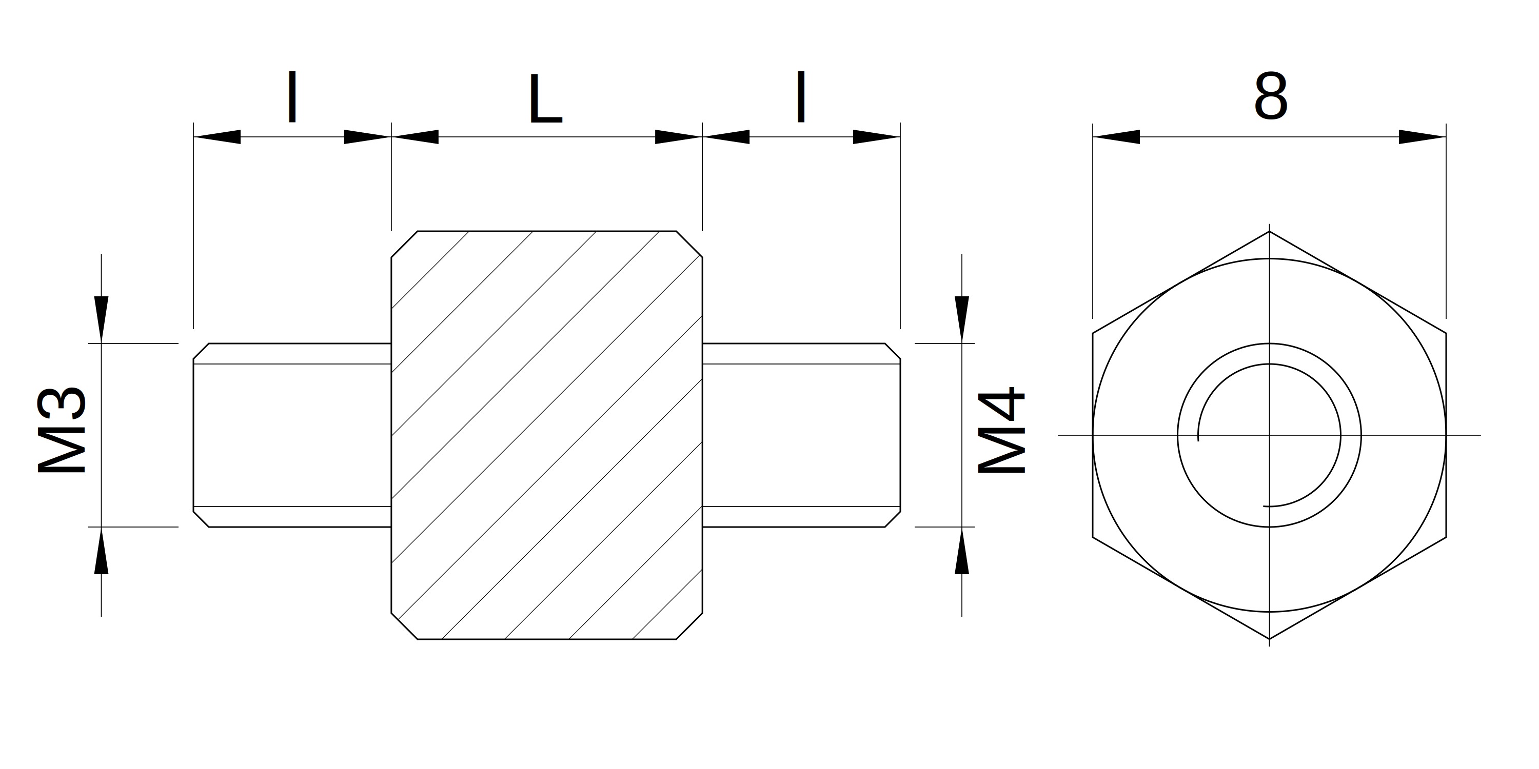 Plano acotado Separador hexagonal roscado macho/macho plástico poliamida PA6.6 M3 - 8 mm entrecaras