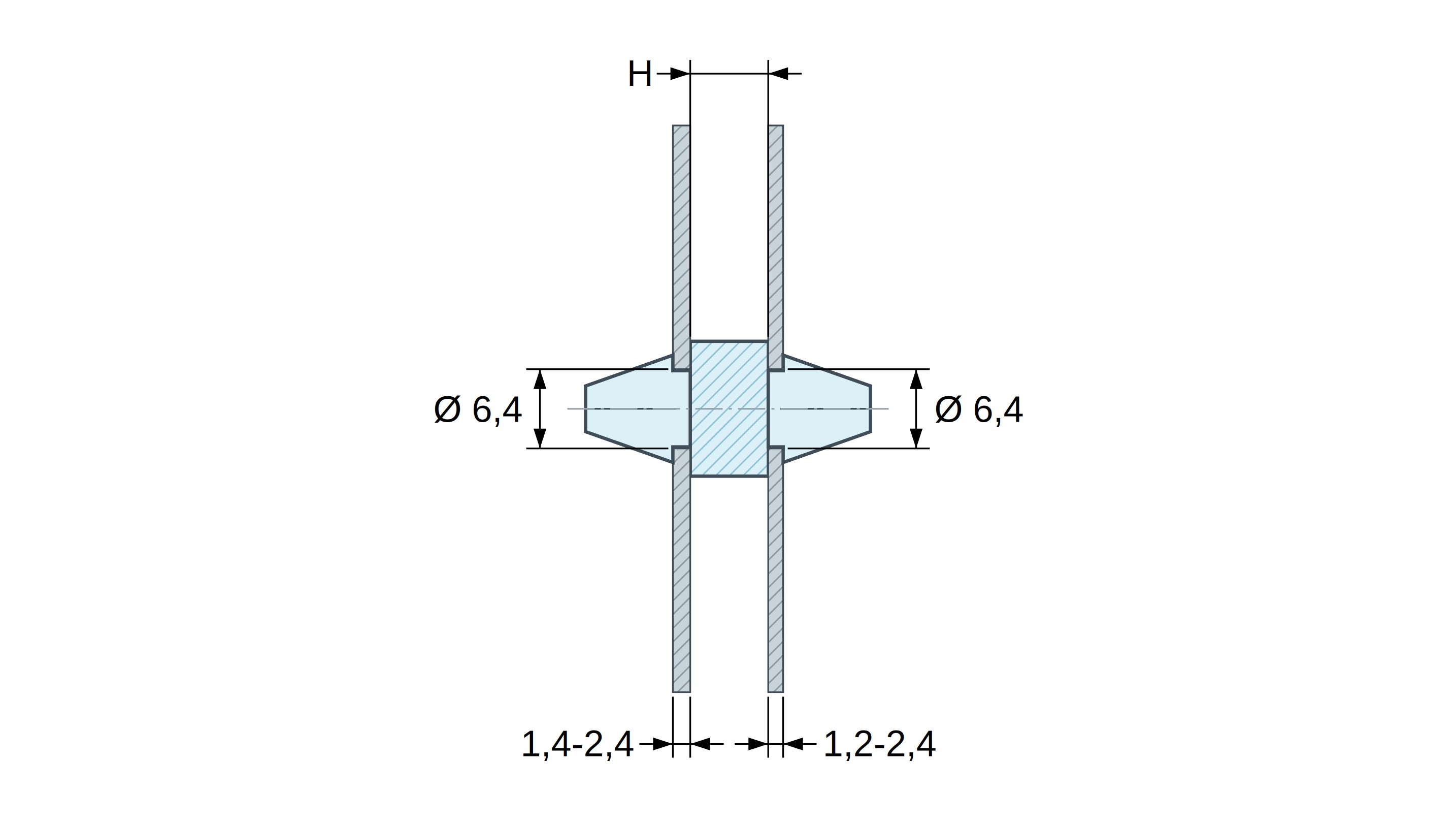 Plan coté Support de carte à clipser des deux côtés, polycarbonate PC noir UL94-V2, carte Ø6,4 mm 1,4-2,4 mm / châssis Ø6,4 mm 1,2-2,4 mm